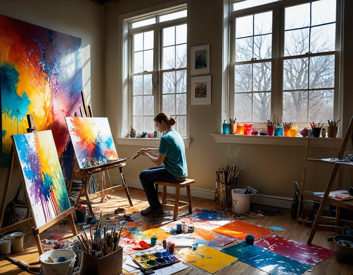A vibrant artist's studio filled with dynamic splashes of color, showcasing an artist passionately painting a large canvas that blends emotions from melancholy to joy. Light streams in through the windows, illuminating scattered brushes and paint tubes, symbolizing creativity's chaotic journey. The walls are adorned with previous artworks reflecting the emotional evolution. surrealism. bright colors. dynamic composition.