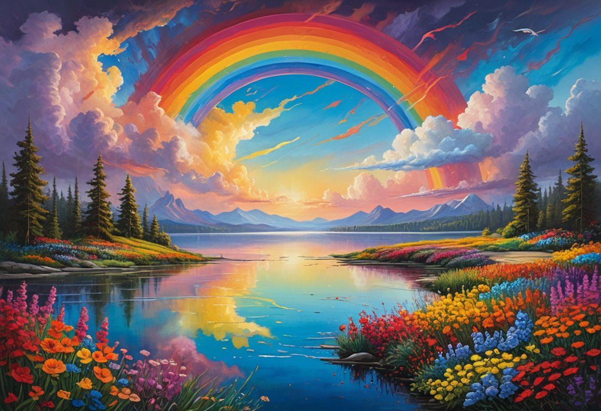 A colorful and surreal landscape where a giant paintbrush creates waves of paint that transform grey clouds into vibrant flowers. A figure joyfully splashes colors onto a canvas, as whimsical creatures dance around, symbolizing creativity born from sadness. In the background, a rainbow arcs over a serene lake reflecting the vibrant colors. surrealism. vibrant colors. dreamlike atmosphere.
