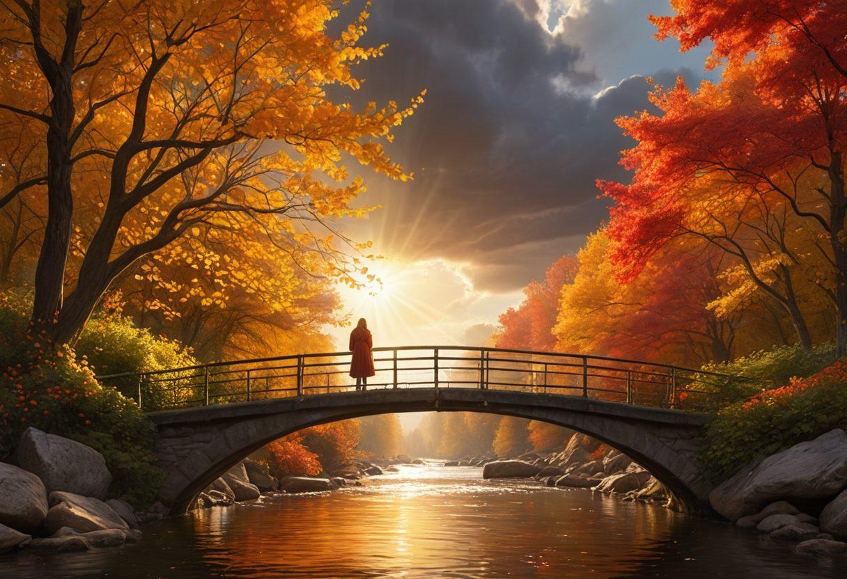 A contemplative figure standing on a bridge overlooking a flowing river, surrounded by vibrant autumn leaves, symbolizing transformation. In one hand, they hold a glowing light bulb representing imagination, while the other hand reaches out toward blooming flowers signifying personal growth. The sky above transitions from stormy gray clouds to radiant golden sunlight. surrealistic. vibrant colors. 3D.